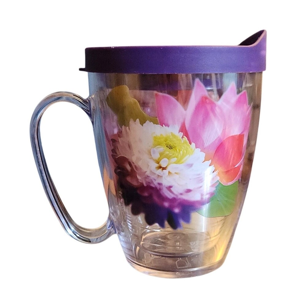 Tervis Travel Coffe Mug 16oz. Clear Plastic w/ Flowers Purple Lid Hot or Cold